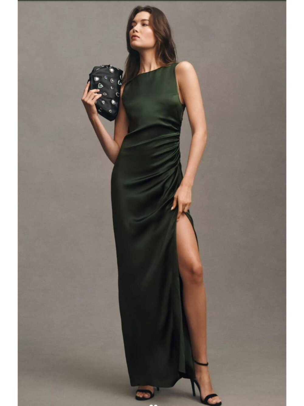 NWT Anthropologie Women's Formal Fitted Maxi Dress Dark Green Satin, Small